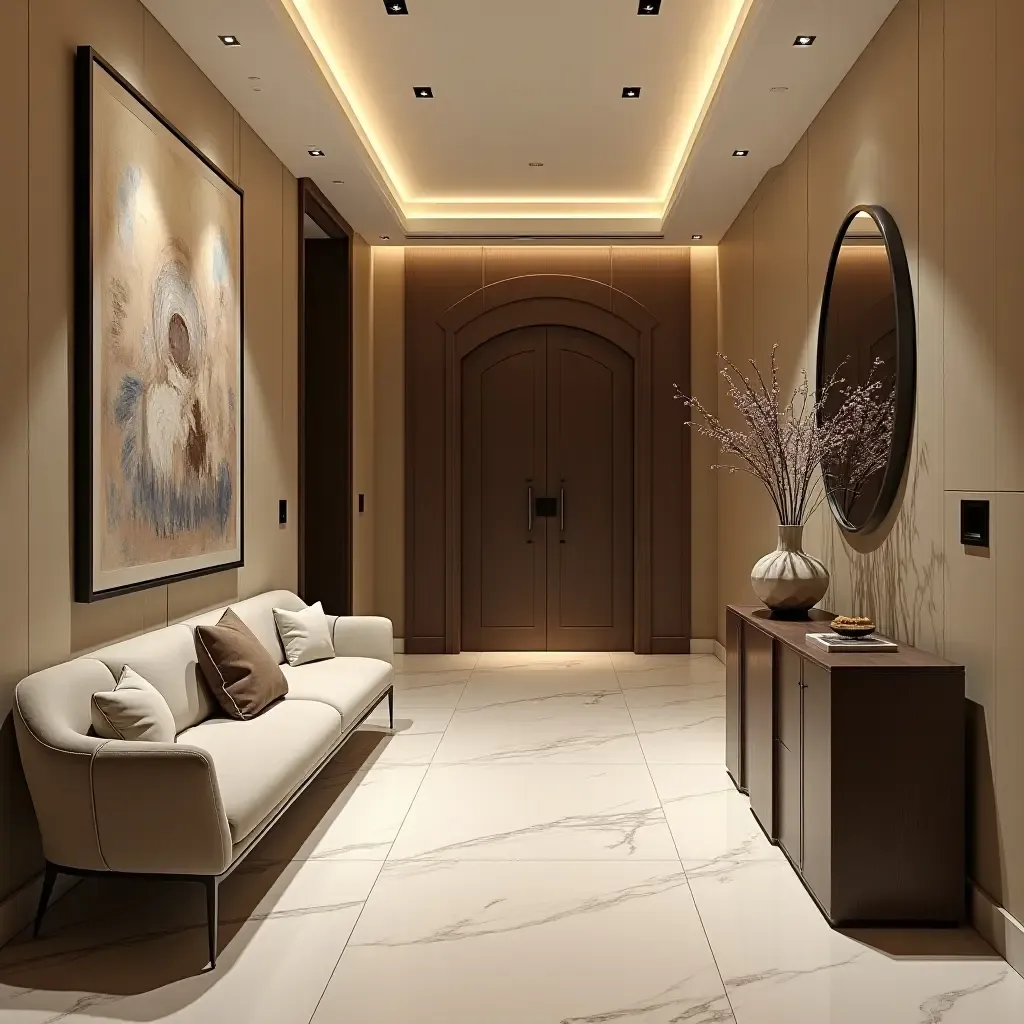 a photo of a luxurious entrance hall adorned with artwork and designer furniture