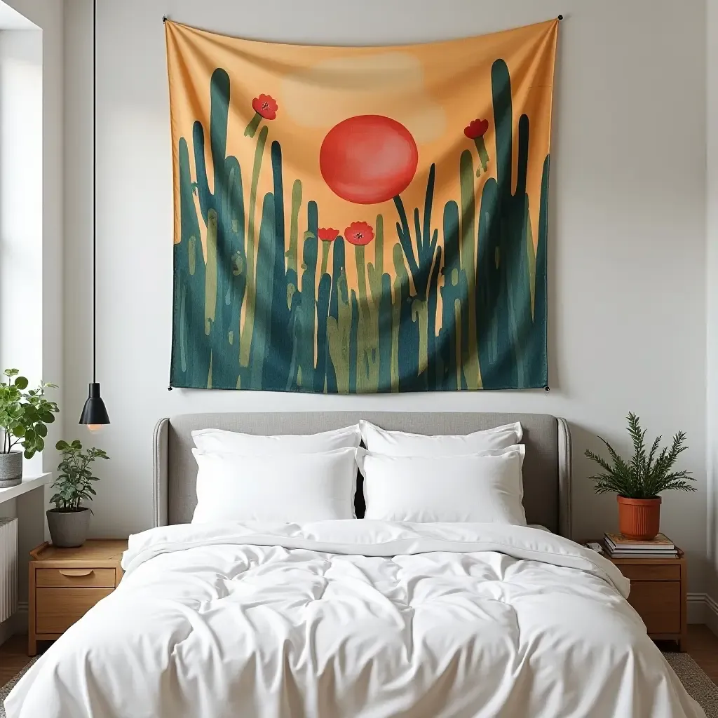 a photo of a bedroom with a colorful plant tapestry on the wall