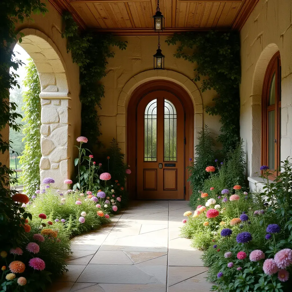 a photo of an entrance hall featuring a magical fairy garden and vibrant flowers