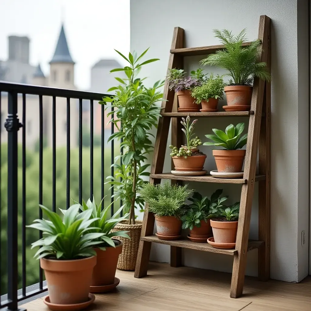 a photo of a balcony featuring a decorative ladder for plant storage