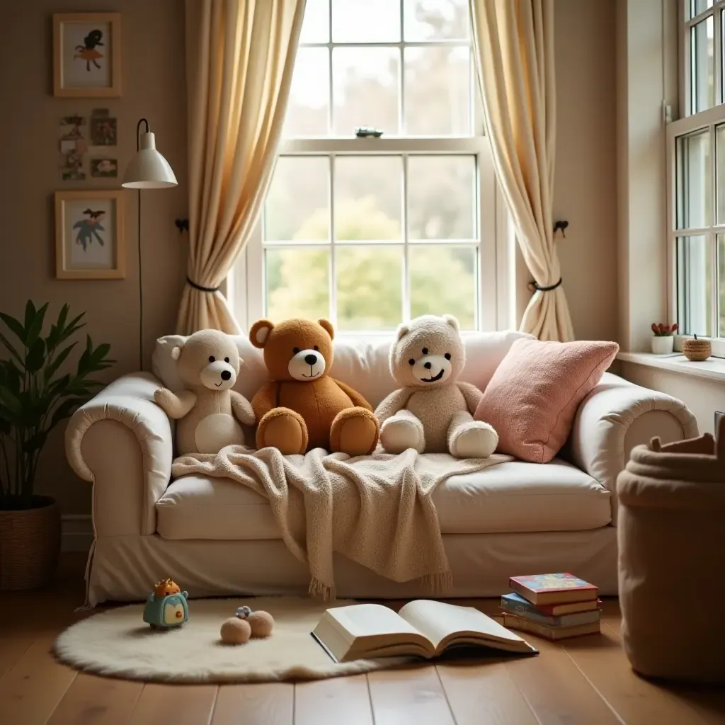 a photo of a reading nook with a cozy blanket and stuffed animals