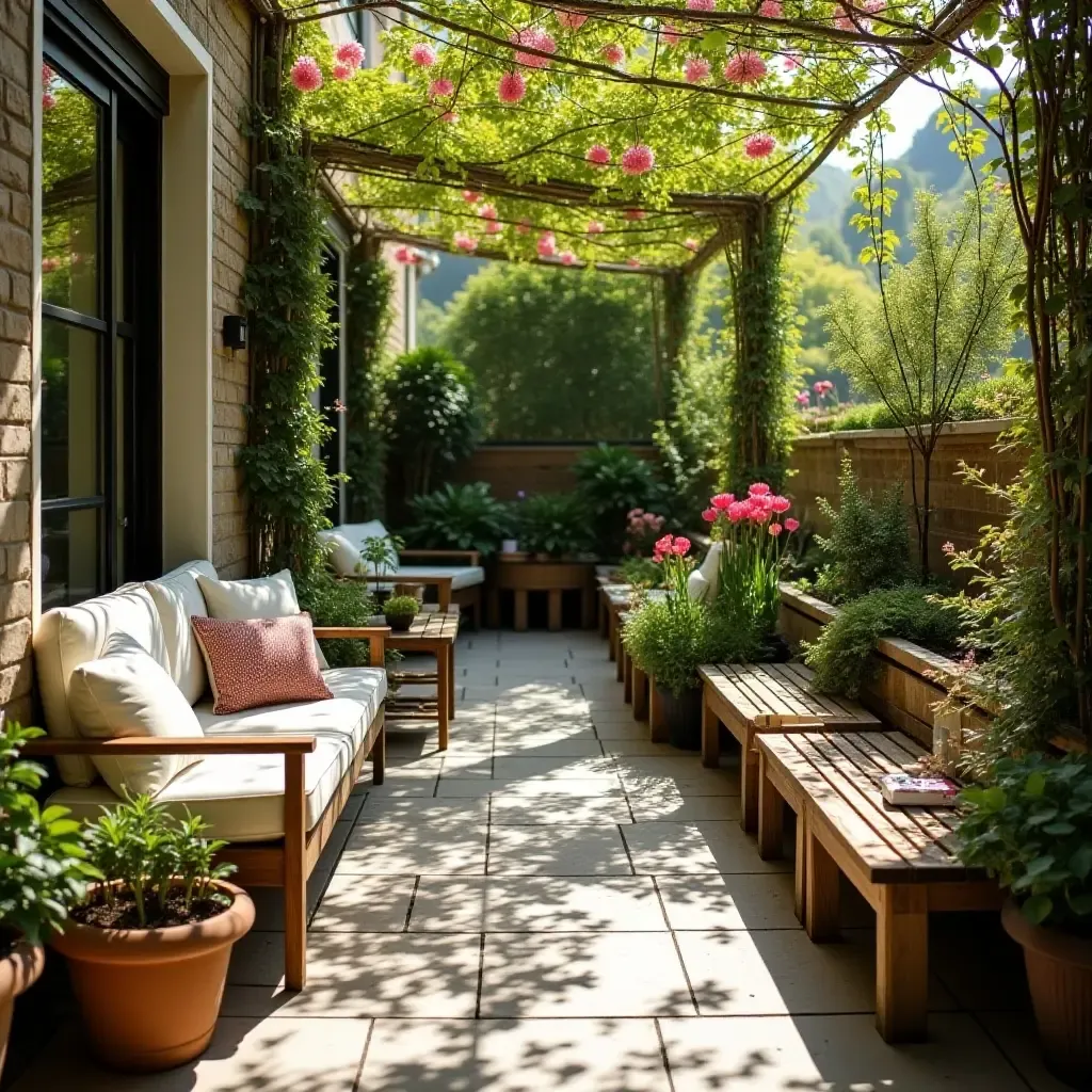 a photo of a balcony garden with seating surrounded by flowers