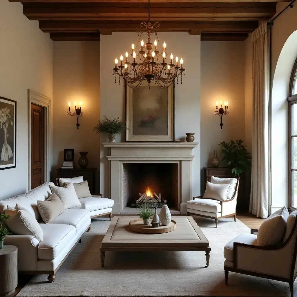 a photo of a living room with an elegant chandelier and rustic charm