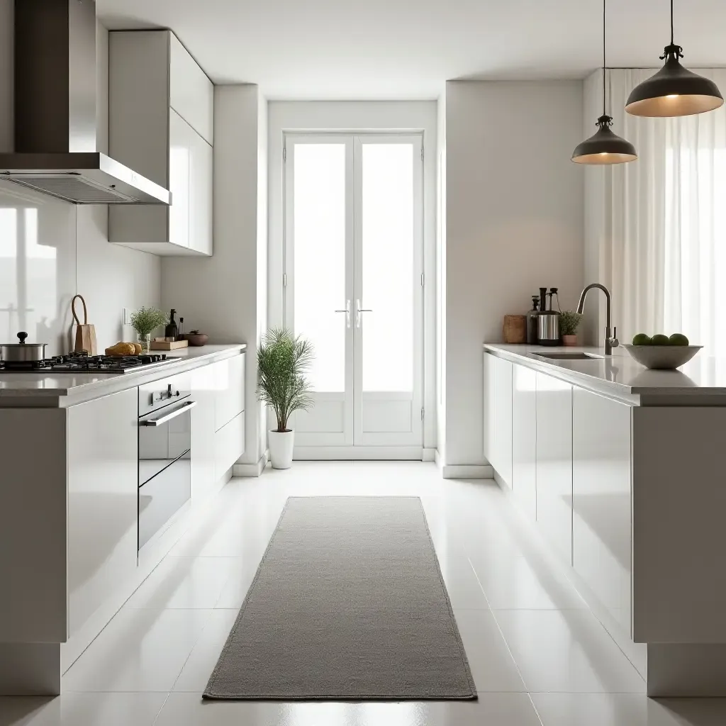 a photo of a minimalist kitchen showcasing a sleek runner rug