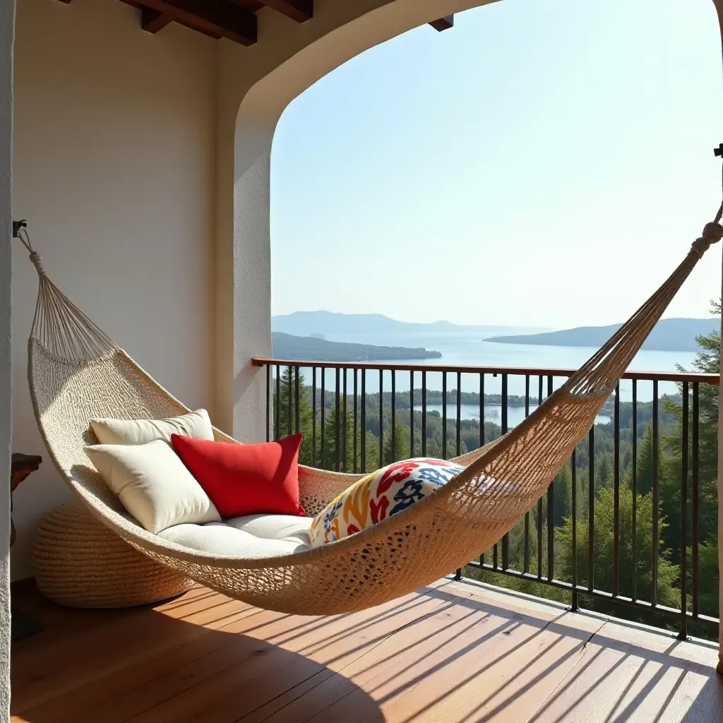 a photo of a balcony with a hammock and colorful cushions