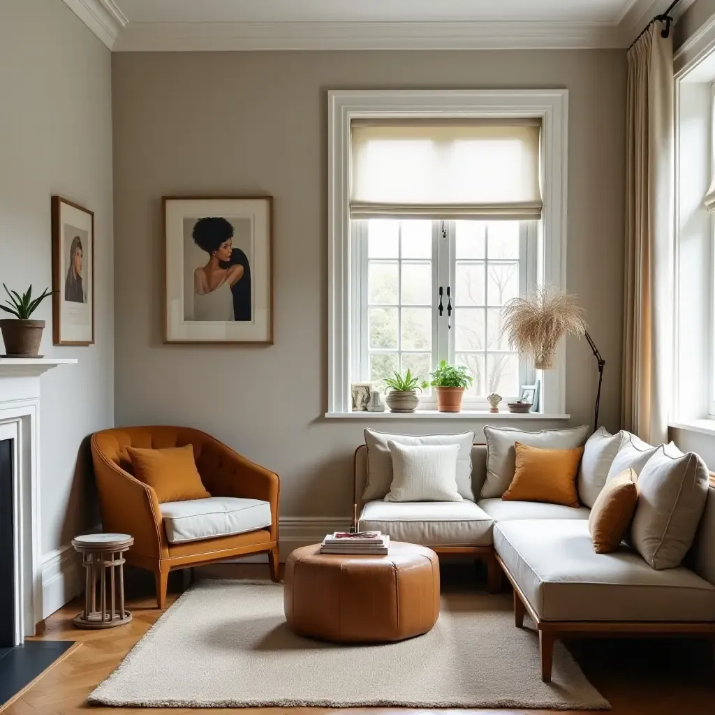 a photo of a small living room with a cozy reading nook