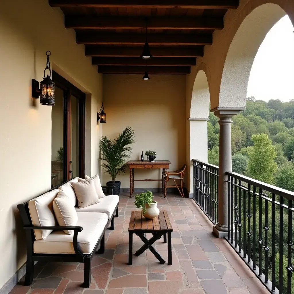 a photo of a balcony with a rustic charm and comfortable seating