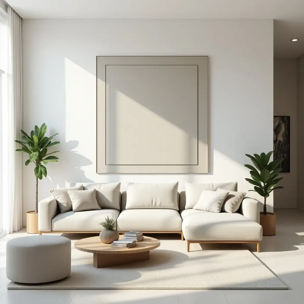 a photo of a bright minimalist living room with a large piece of art as a focal point