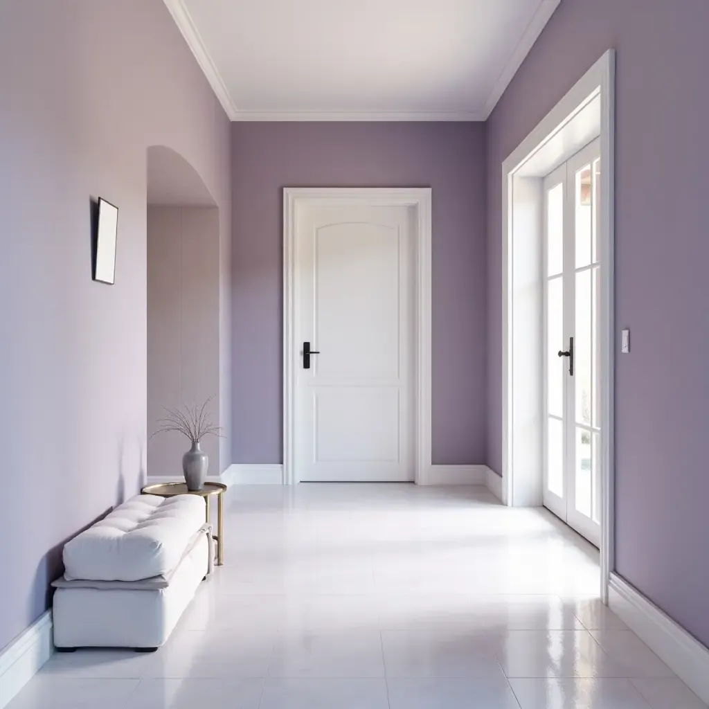 a photo of a calming lavender and white entrance hall with soft textures