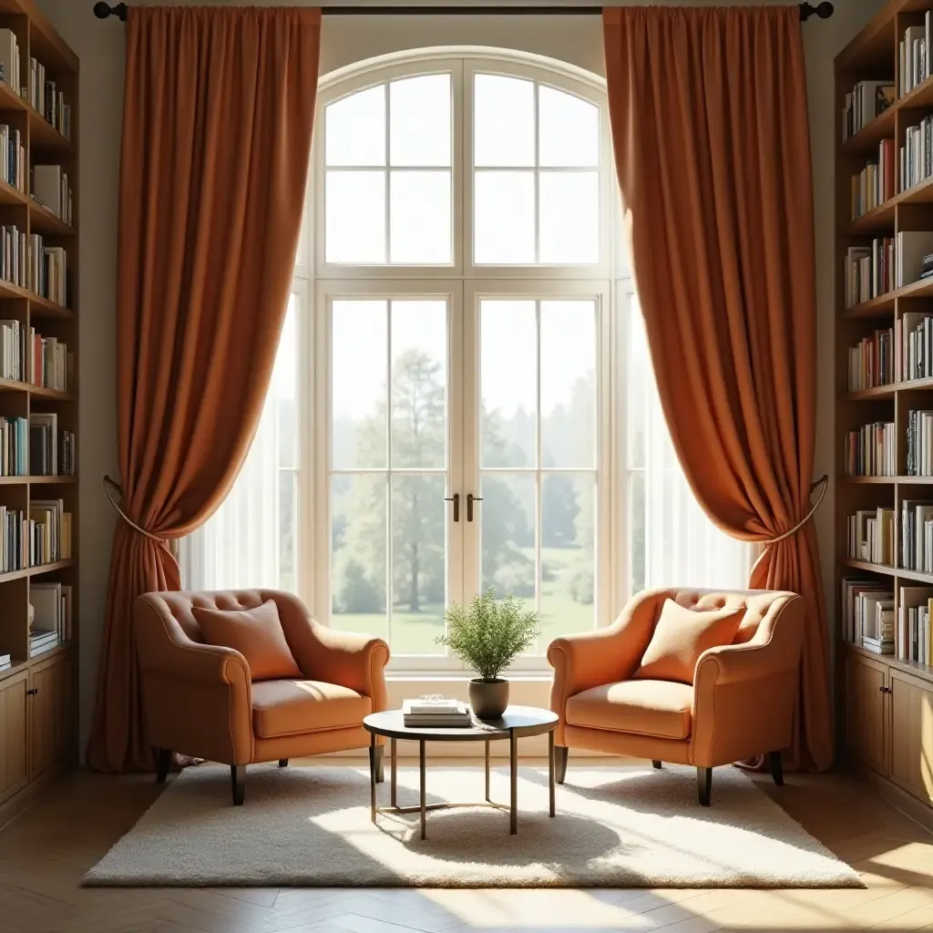 a photo of a bright and airy reading space with large windows and elegant curtains