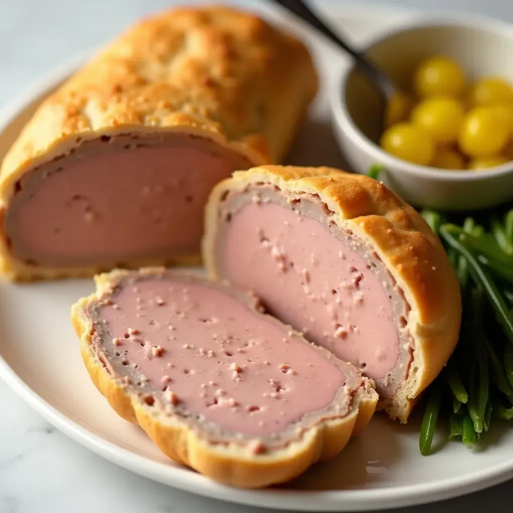 a photo of savory duck pâté en croûte slices with a side of cornichons.