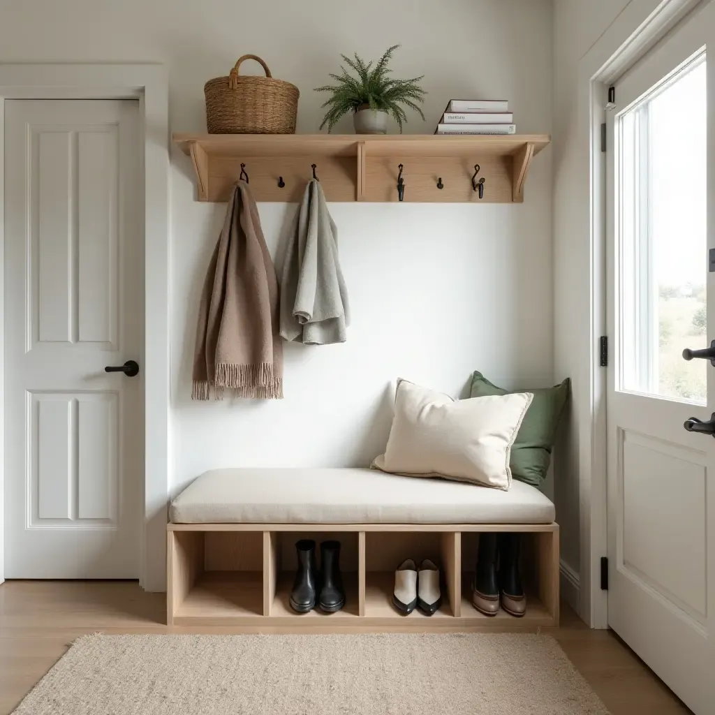 a photo of a welcoming entryway with a shoe organizer bench