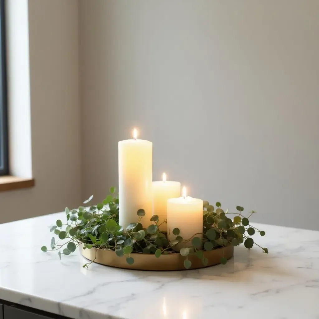 a photo of a countertop featuring a decorative tray with candles and greenery