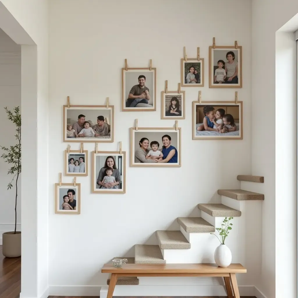 a photo of a staircase wall adorned with a timeline of family photos