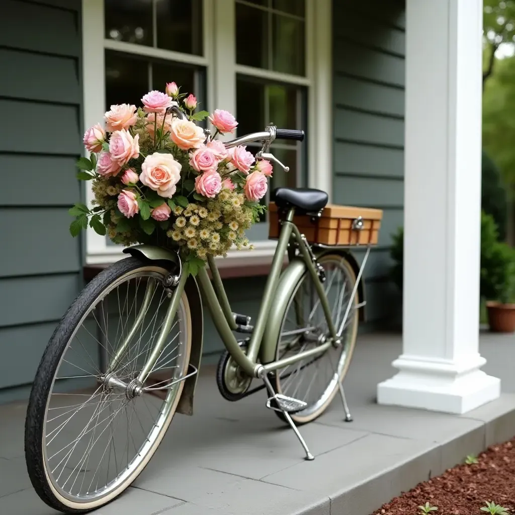 a photo of a vintage bicycle adorned with flowers parked on a porch