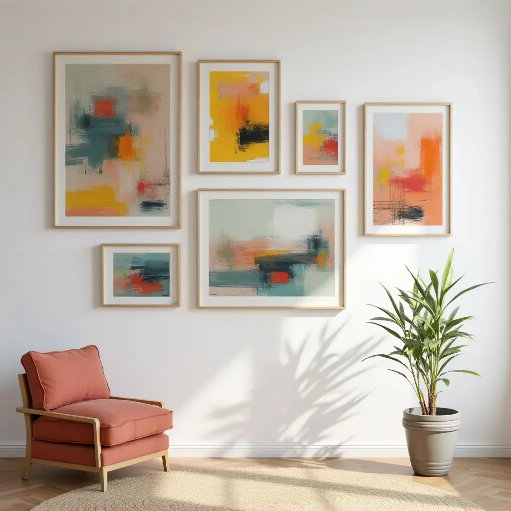 a photo of a vibrant gallery wall with abstract art and colorful frames