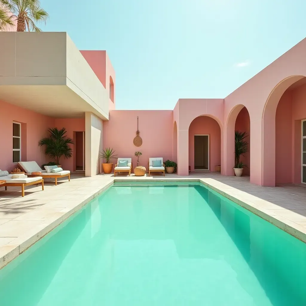 a photo of a retro-inspired pool with mint green tiles and pink accents