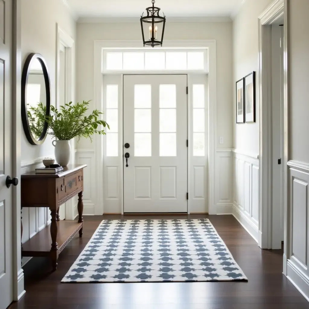 a photo of a classic checkerboard rug in a stylish entryway