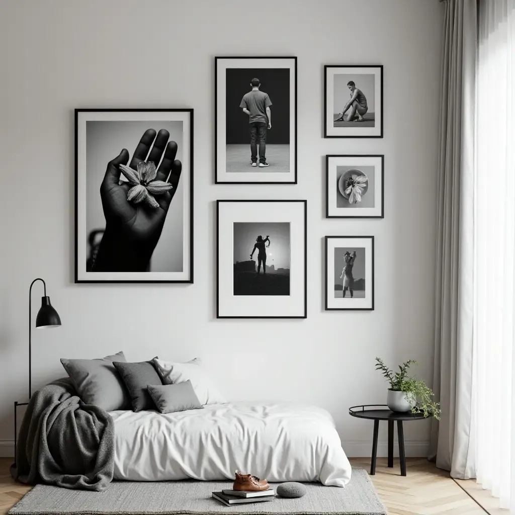 a photo of a black and white gallery wall with striking contrasts and bold images in a teen&#x27;s space