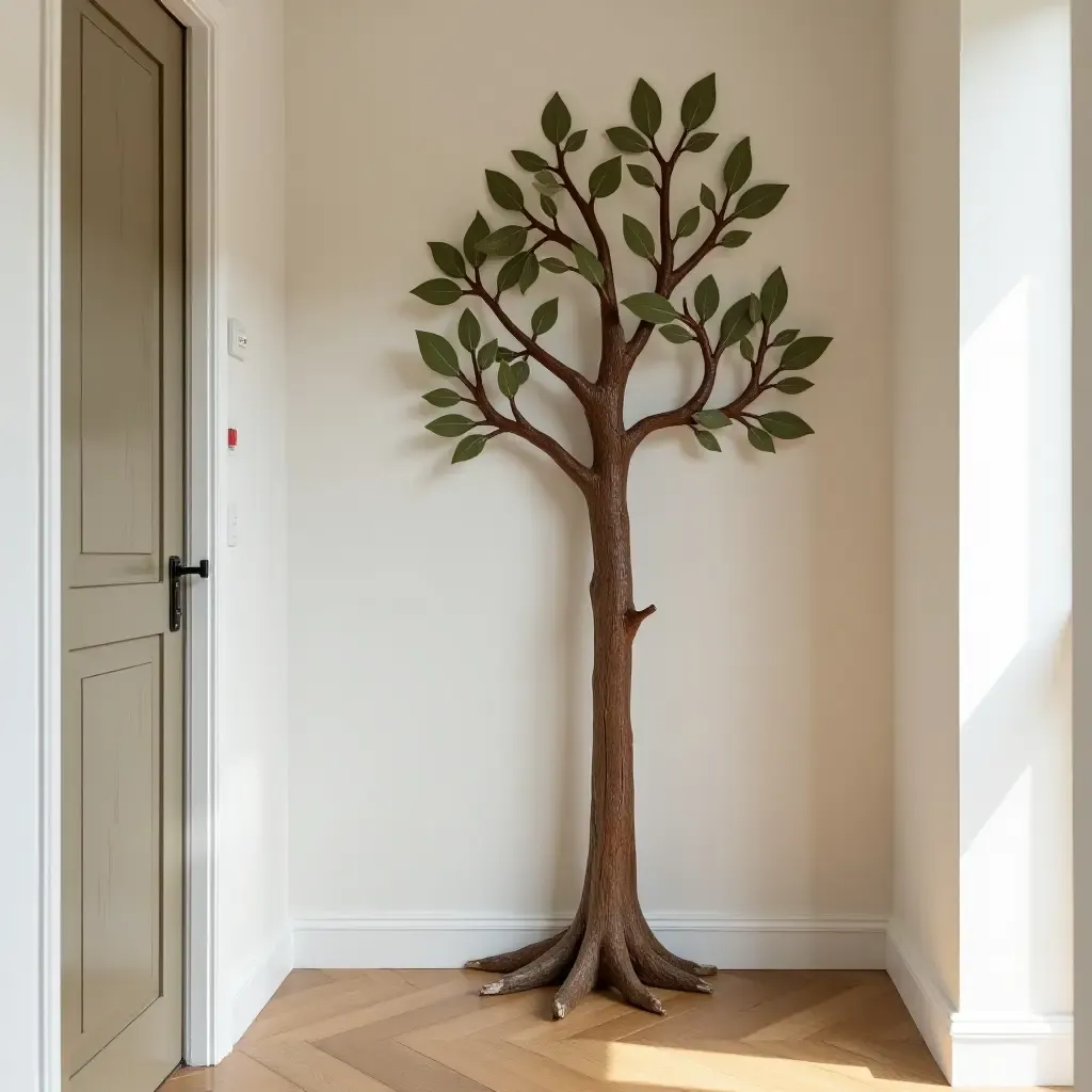 a photo of an entrance hall with a whimsical coat rack shaped like a tree