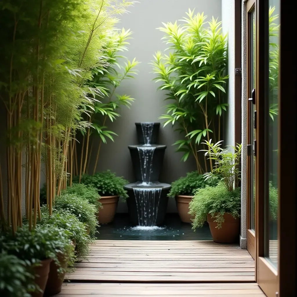 a photo of a serene balcony with a small fountain and bamboo plants