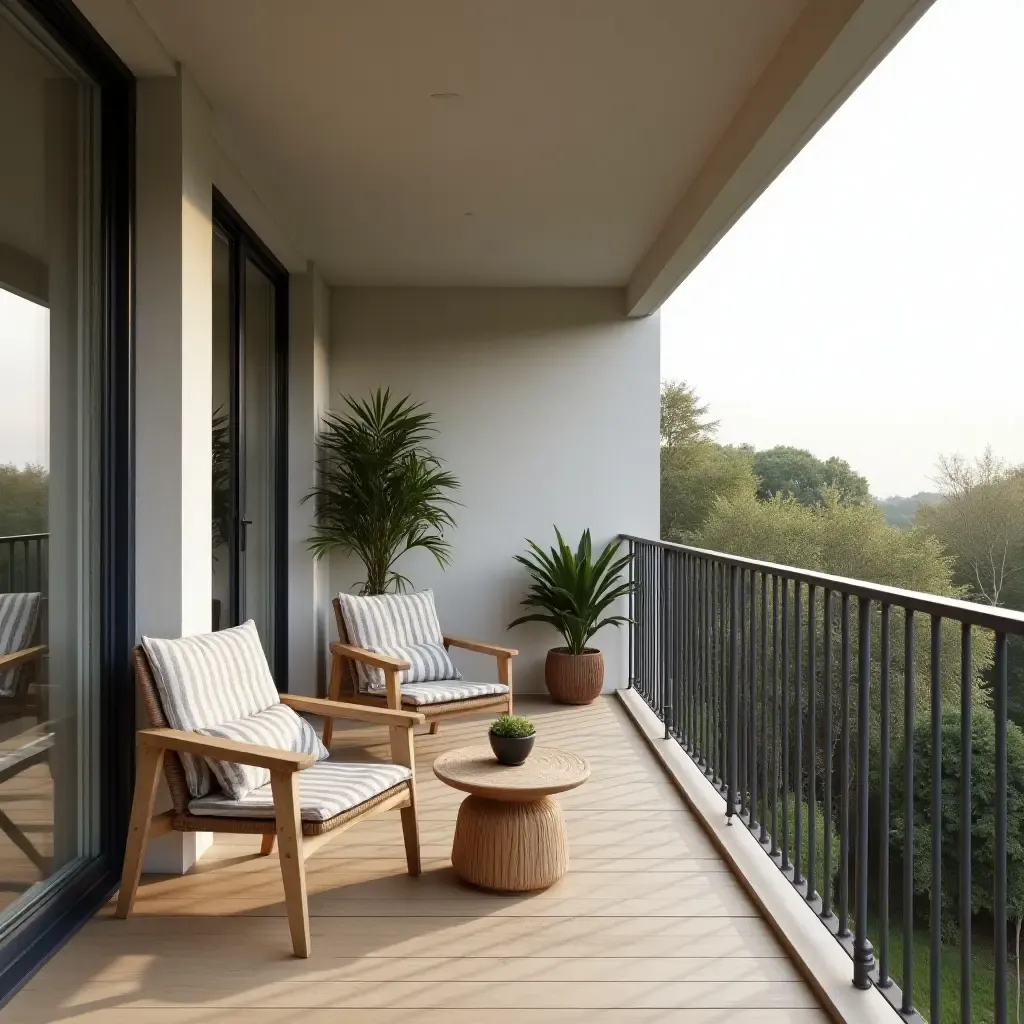 a photo of a functional balcony with Scandinavian decor, emphasizing space and light