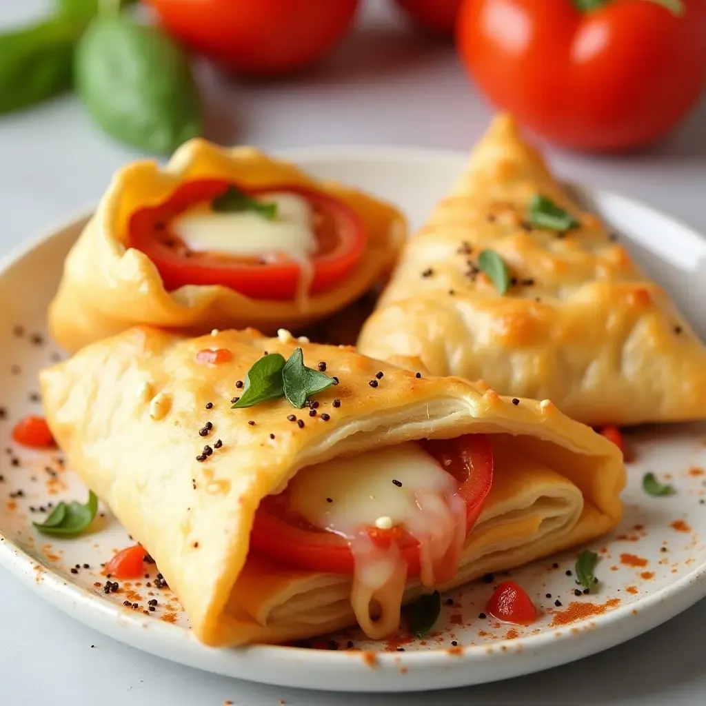 a photo of phyllo dough pizza pockets stuffed with cheese, tomatoes, and basil.