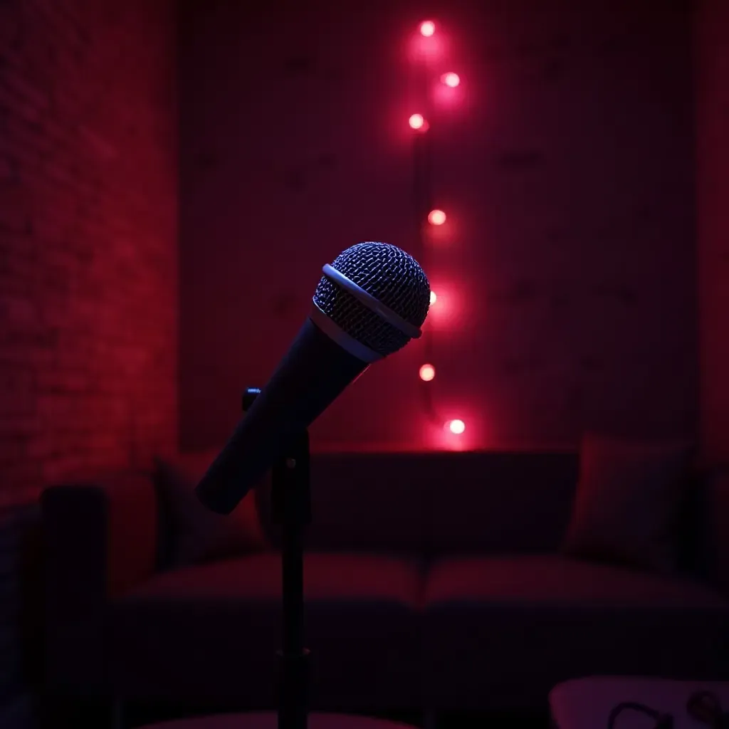 a photo of a basement karaoke corner with a microphone and fun lighting