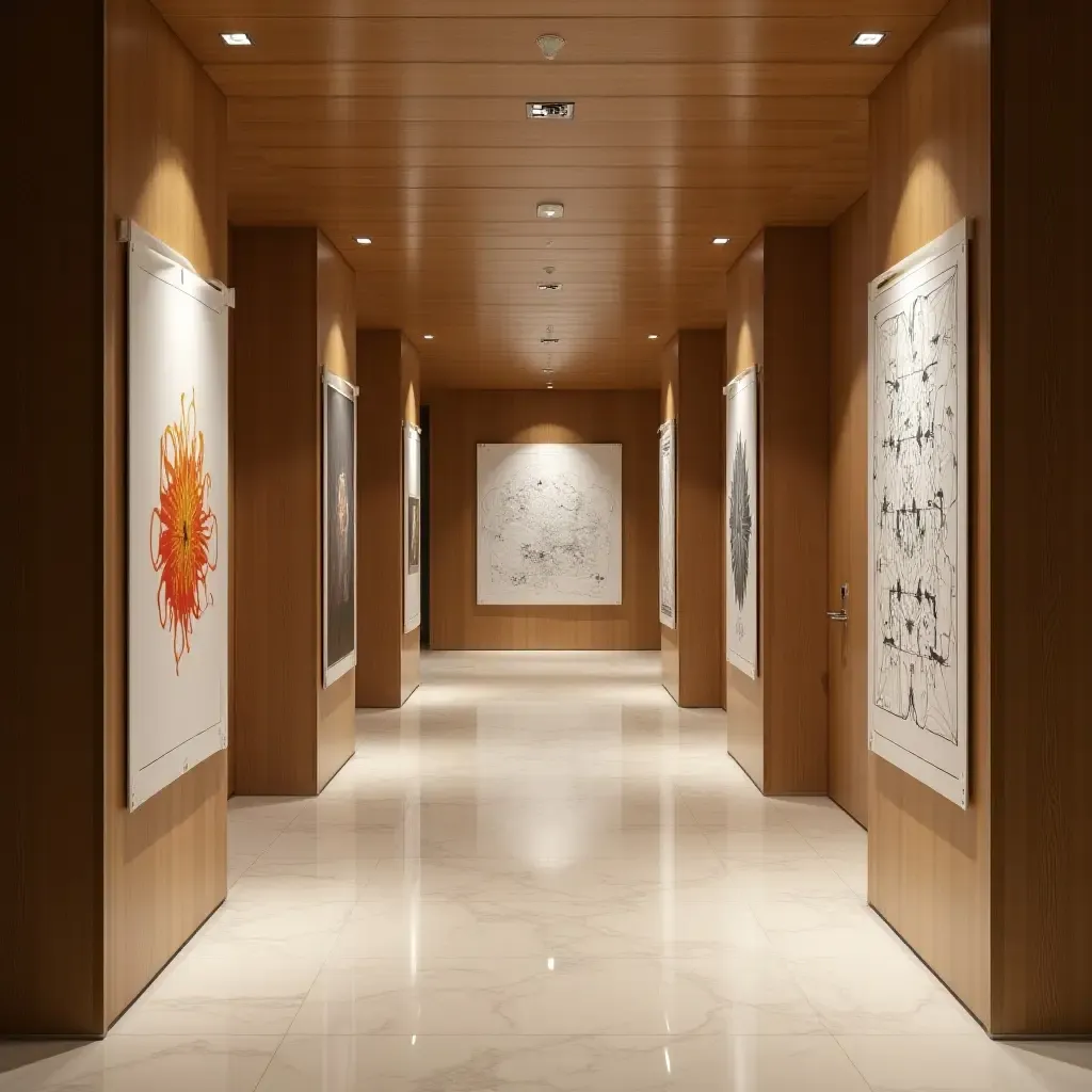 a photo of a modern corridor with sleek lines and artistic installations