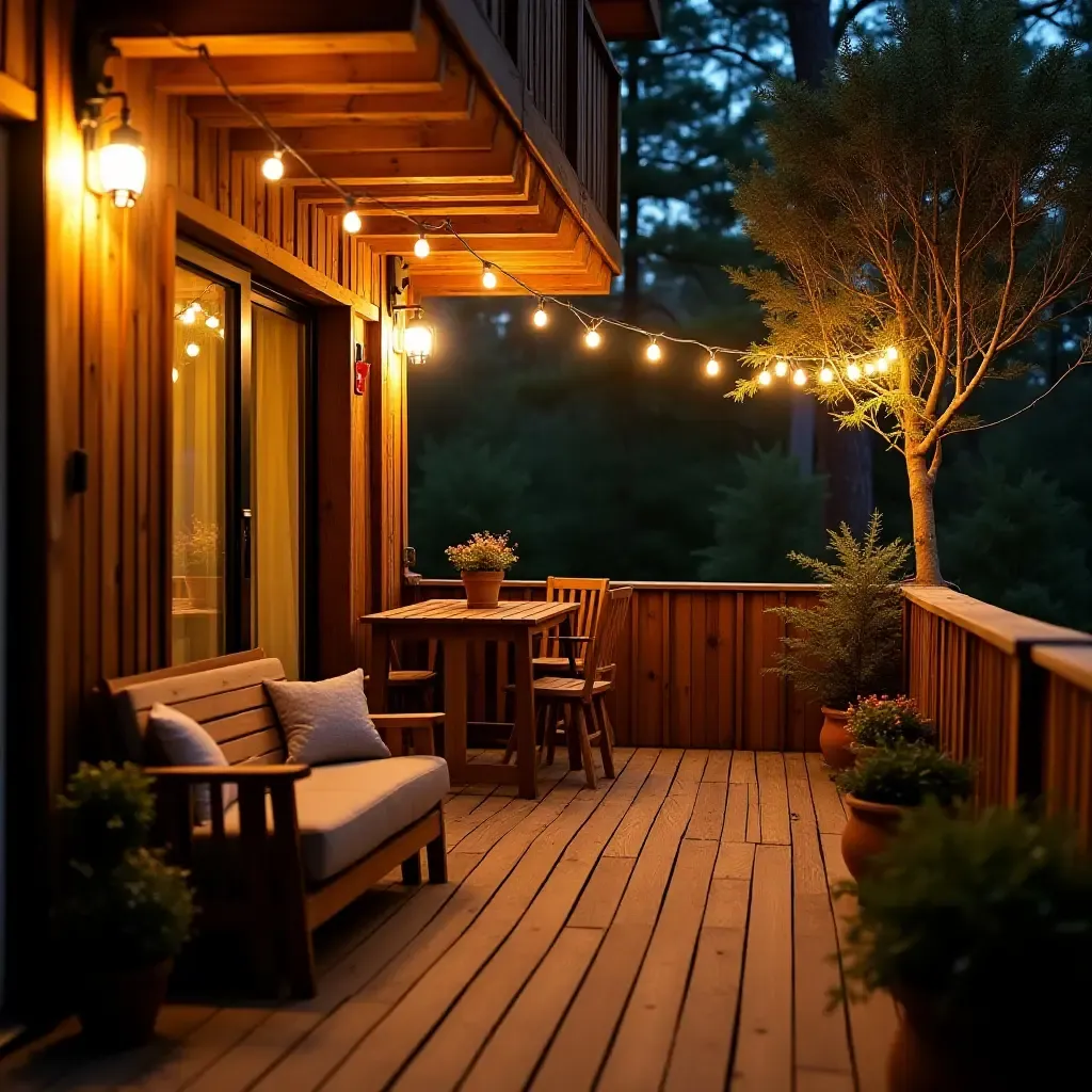 a photo of a rustic balcony featuring wooden furniture and fairy lights