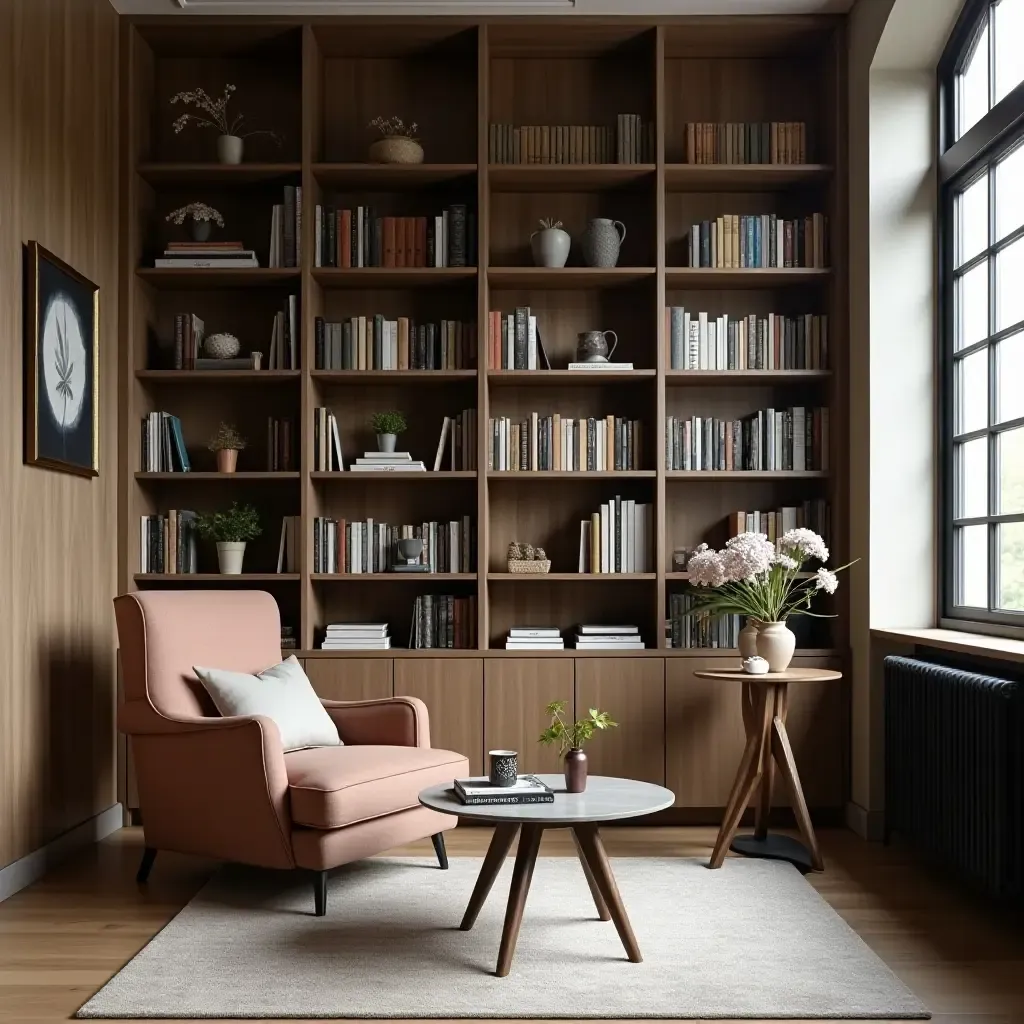 a photo of a contemporary library showcasing a vintage side table and modern decor