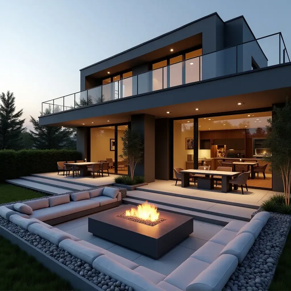 a photo of a modern balcony with a fire pit and comfortable seating