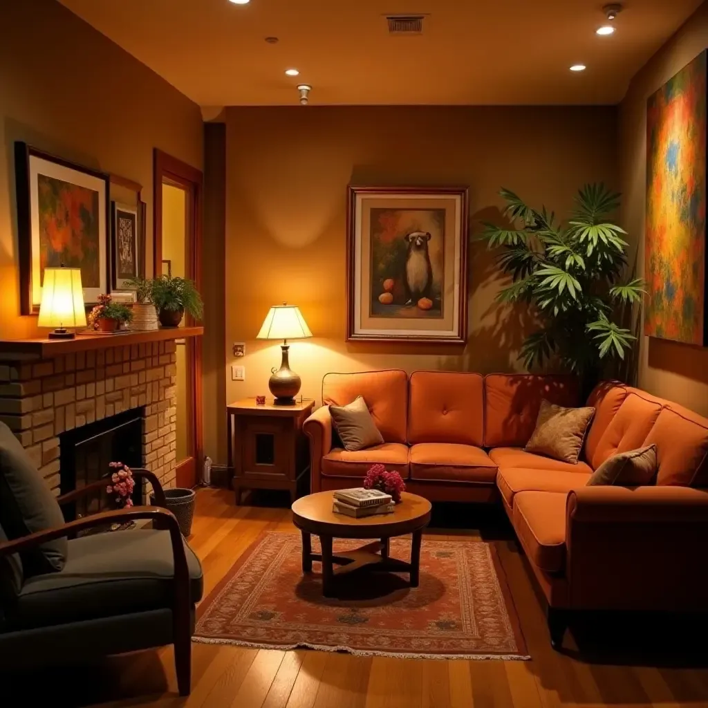 a photo of a cozy basement nook with retro furniture and warm lighting