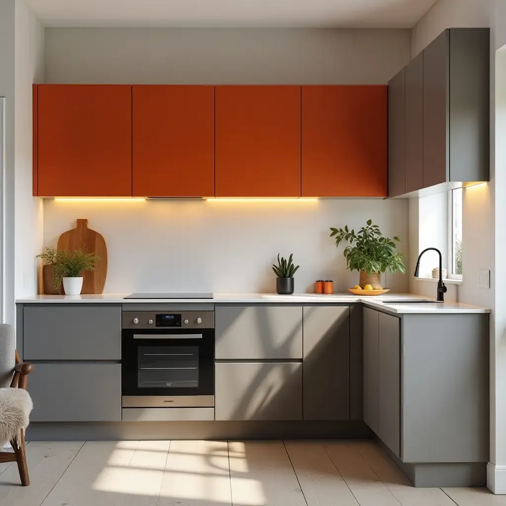 a photo of vibrant orange and muted gray cabinets in a trendy kitchen