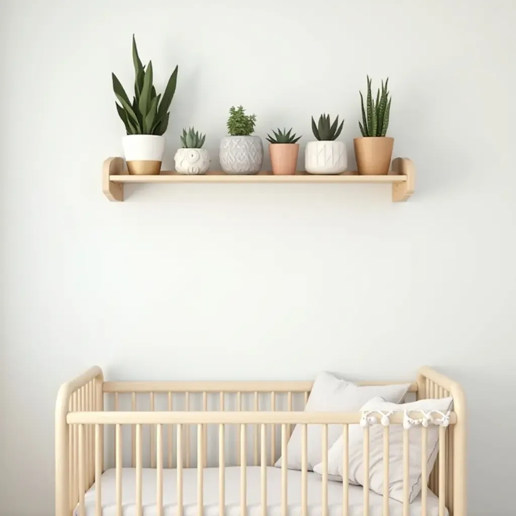 a photo of a nursery with a cute plant shelf above the crib