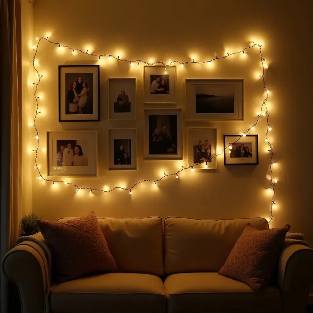 a photo of a gallery wall decorated with fairy lights and photos