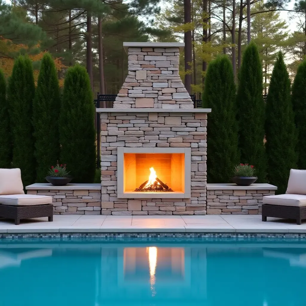 a photo of a charming outdoor fireplace near a pool with seating