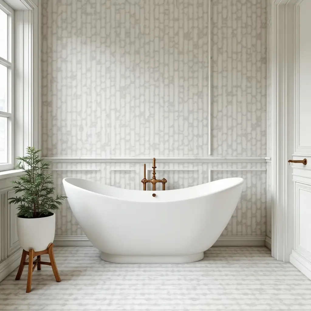 a photo of a vintage-inspired bathroom with patterned marble tiles