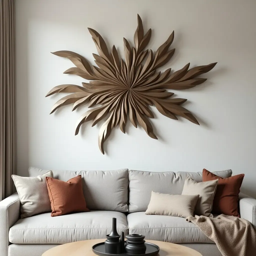 a photo of a unique metal wall sculpture in a stylish living room