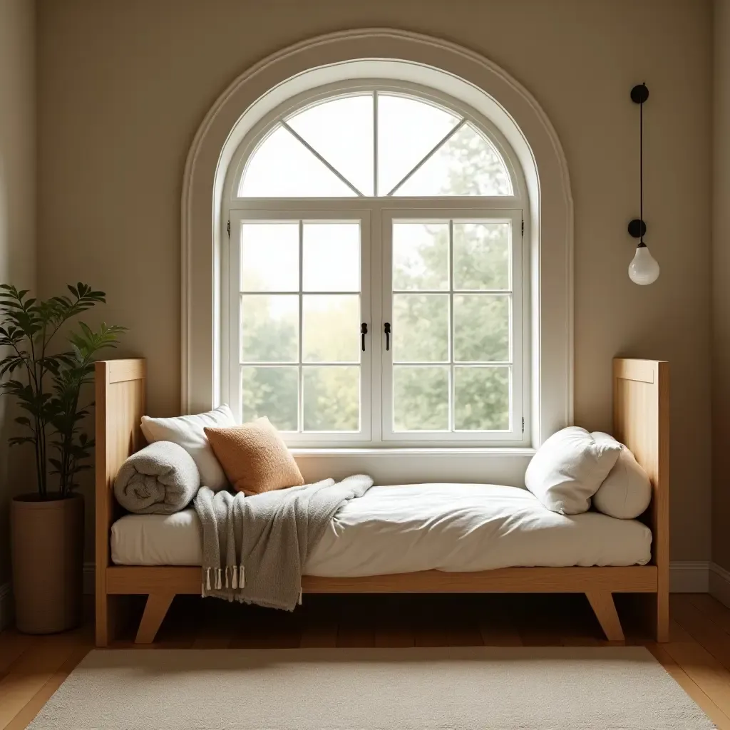 a photo of a cozy nook with a window and a daybed