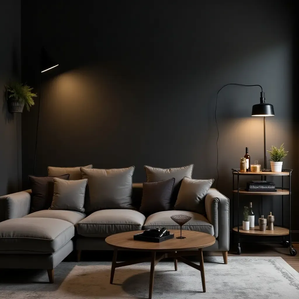 a photo of a dark grey living room with a stylish bar cart and ambient lighting