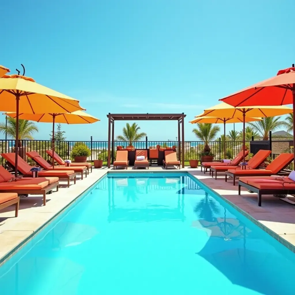 a photo of a vibrant pool deck with colorful umbrellas and sun loungers