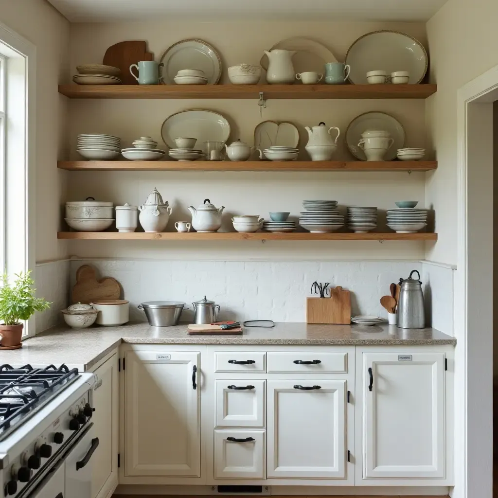 a photo of a quaint kitchen with open shelving displaying vintage dishware