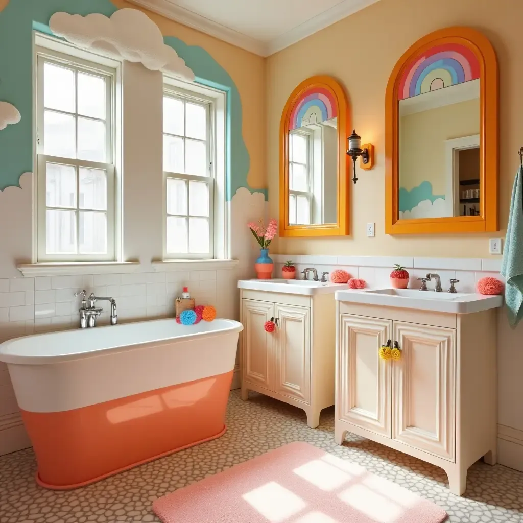 a photo of a whimsical rainbow-themed bathroom with colorful accents