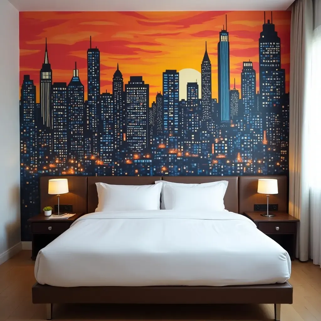 a photo of a vibrant mural of a city skyline above a bed