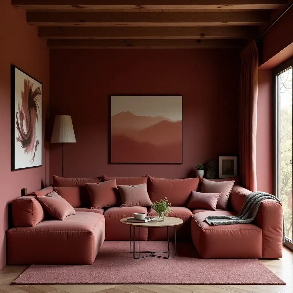 a photo of a maroon living room combining rustic charm with modern furnishings