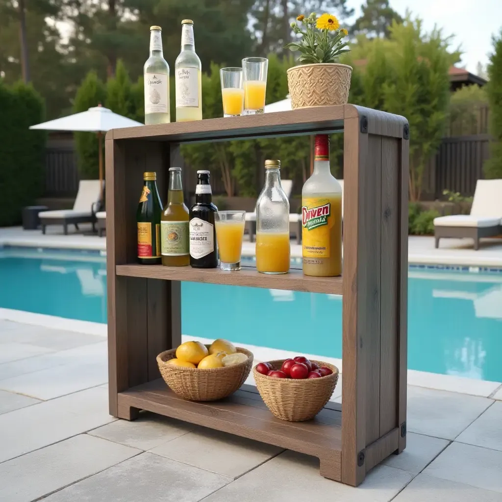 a photo of a functional poolside shelving unit with drinks and snacks organized