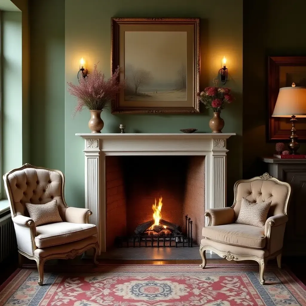 a photo of a cozy fireplace surrounded by vintage furniture