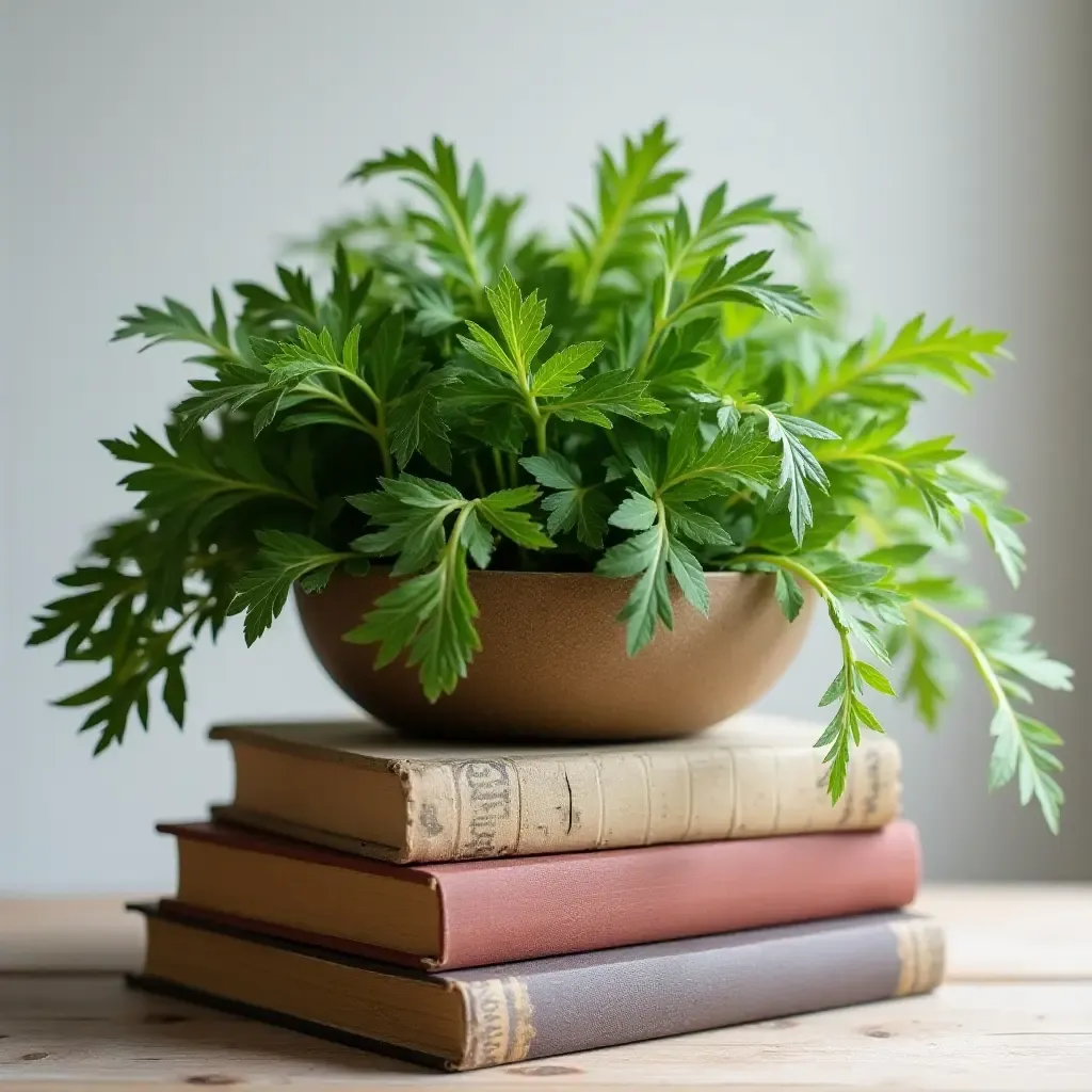 a photo of a layered centerpiece featuring books and fresh herbs