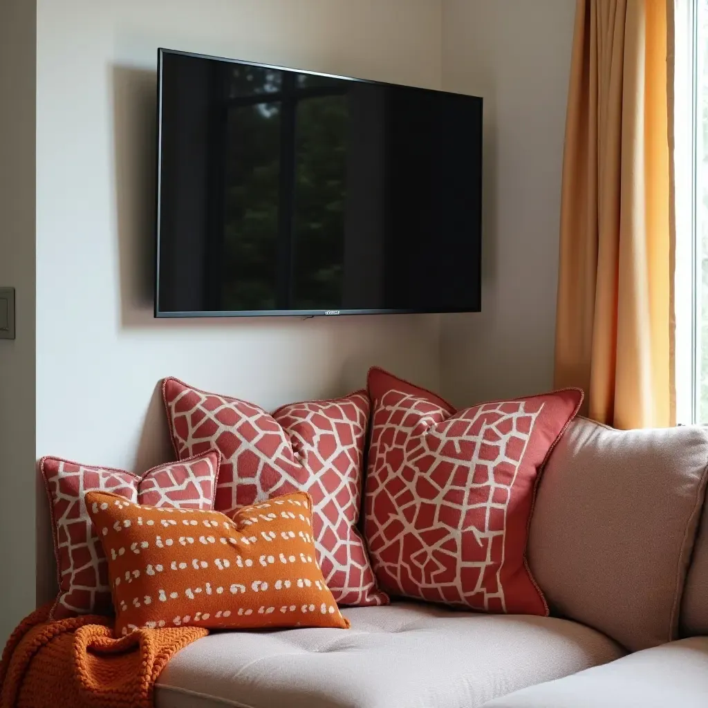 a photo of a corner TV with colorful cushions and throws